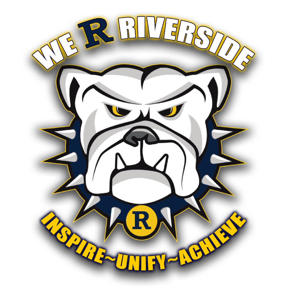 We R Riverside logo: Riverside Community School District: Bulldog logo: Inspire-Unify-Achieve