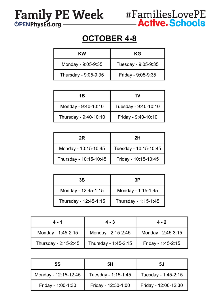 Family PE Week Schedule