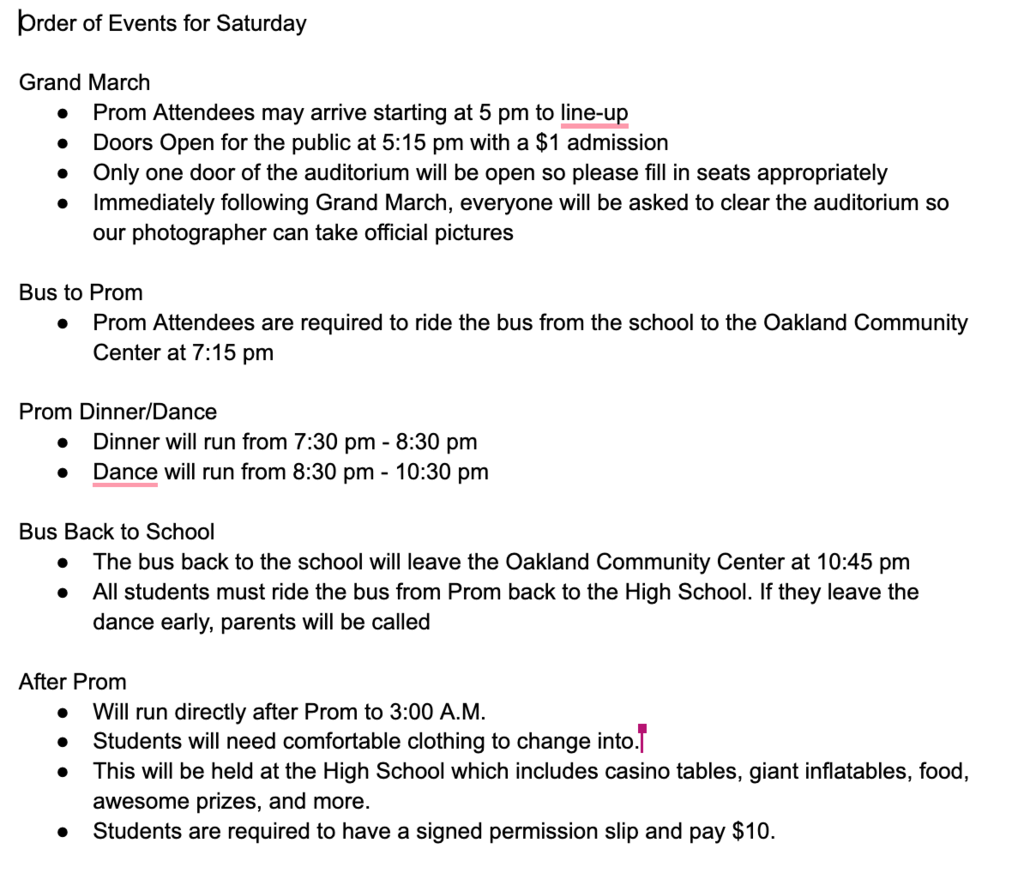 Prom Schedule of Events